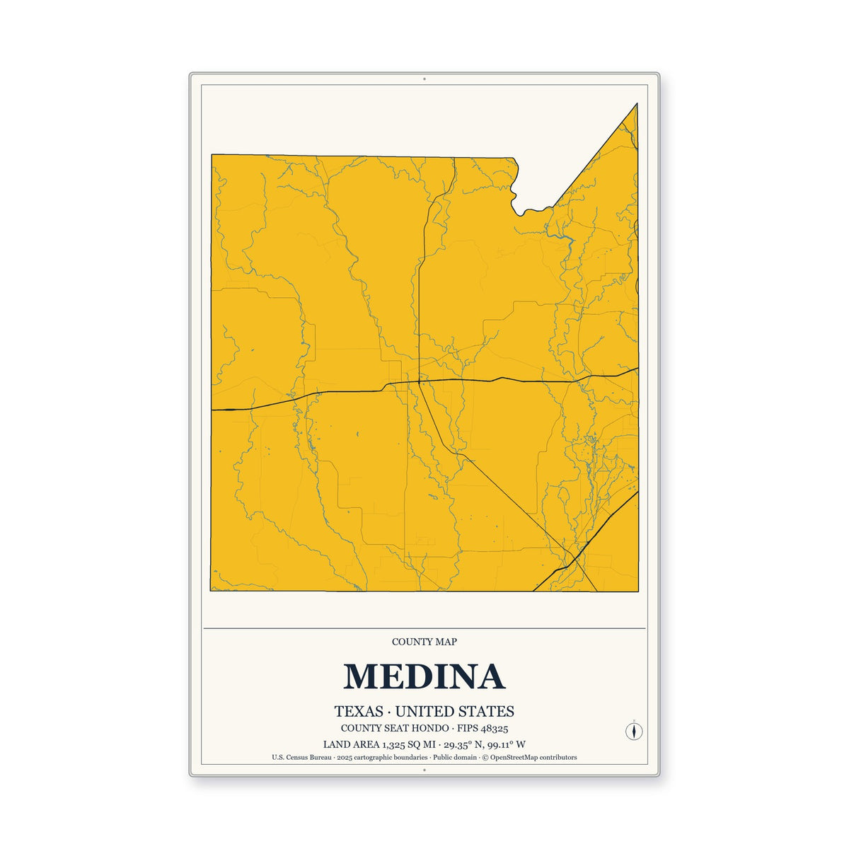 Medina County, Texas Map Aluminum Sign in Citrine Modern style
