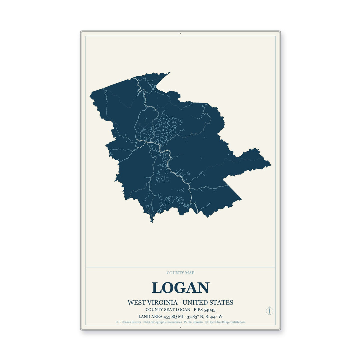 Logan County, West Virginia Map Aluminum Sign in Coastal Cutout style