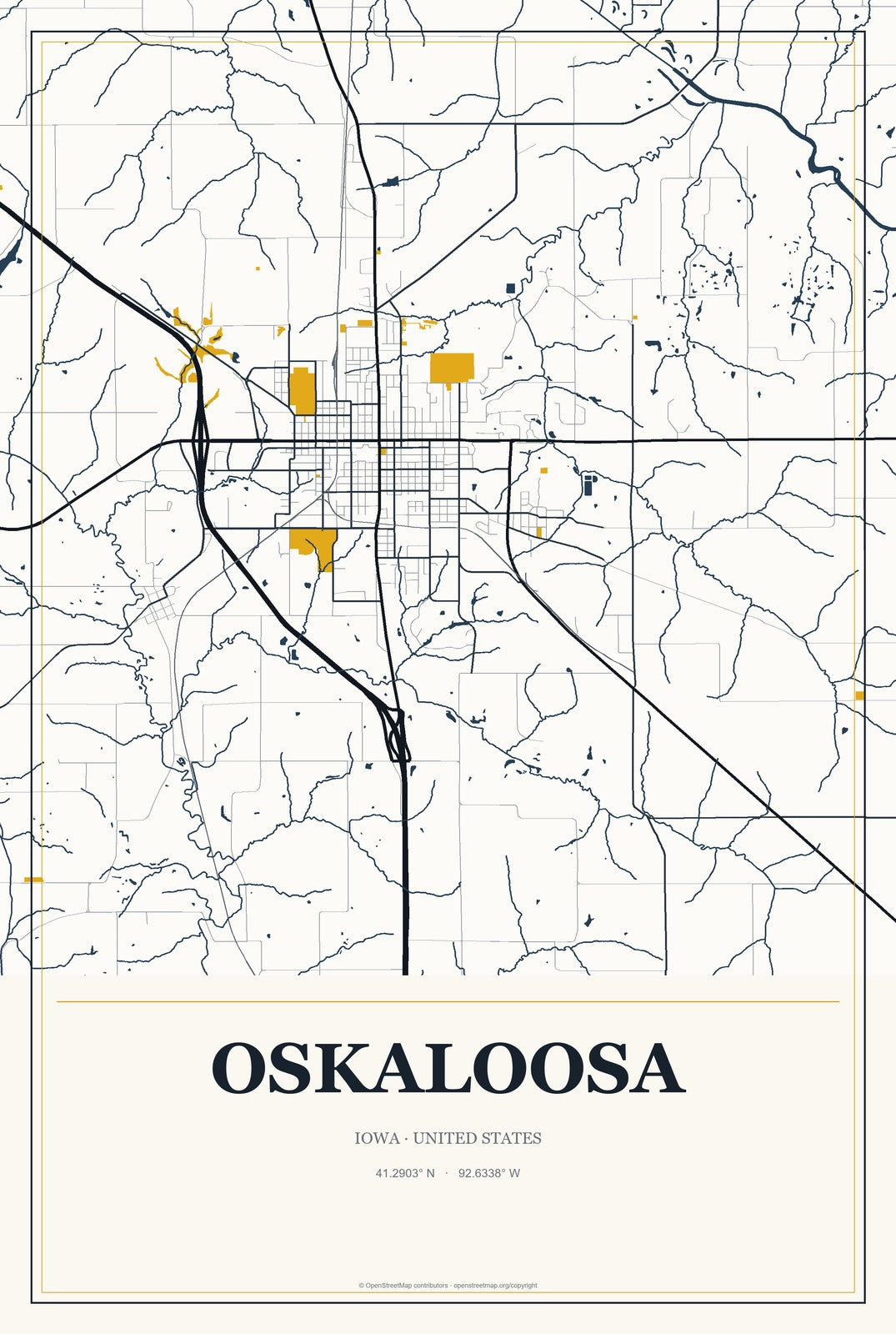Oskaloosa, Iowa City Map Aluminum Sign in Citrine Modern style