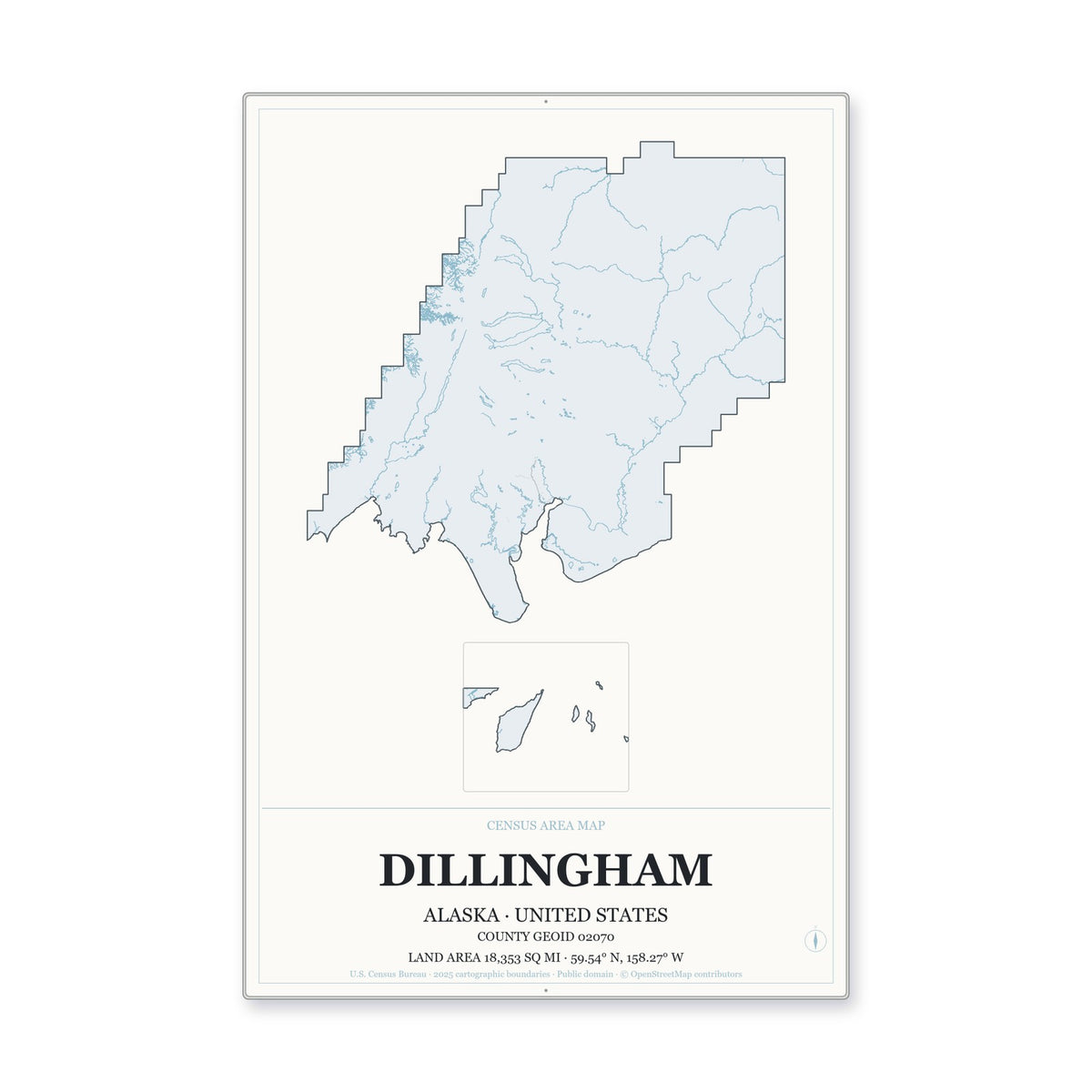 Dillingham Census Area, Alaska Map Aluminum Sign in Gallery Air style