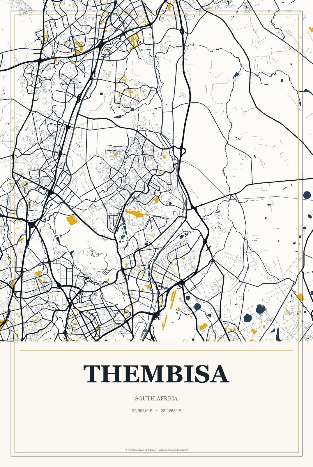 Thembisa, South Africa City Map Aluminum Sign in Citrine Modern style