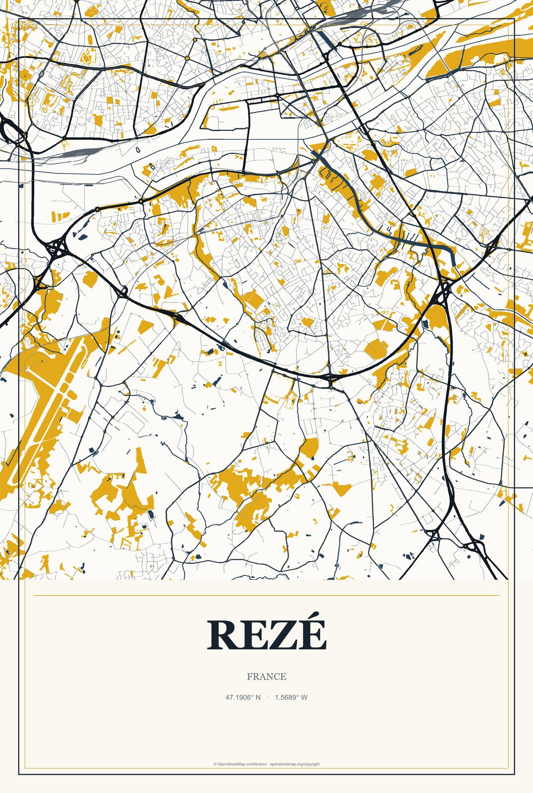 Rezé, France City Map Aluminum Sign in Citrine Modern style