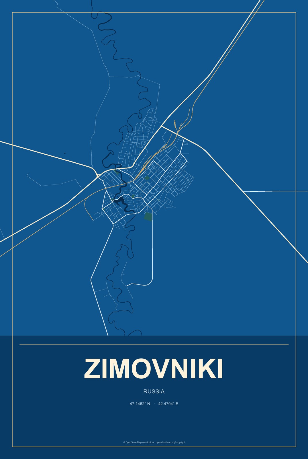 Zimovniki, Russia City Map Aluminum Sign in Harbor Cobalt style