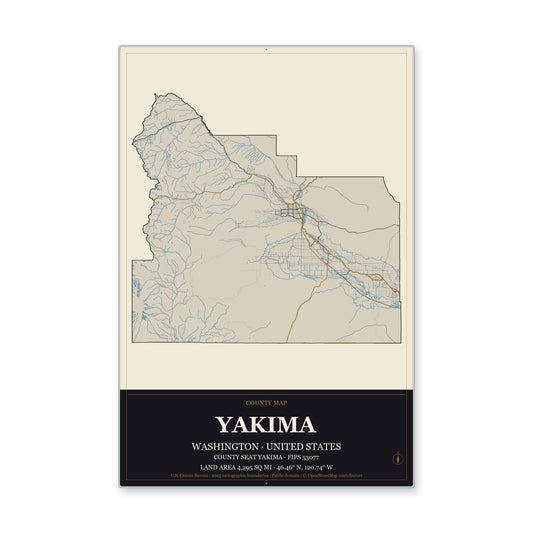 Yakima County, Washington Map Aluminum Sign in Museum Plaque style