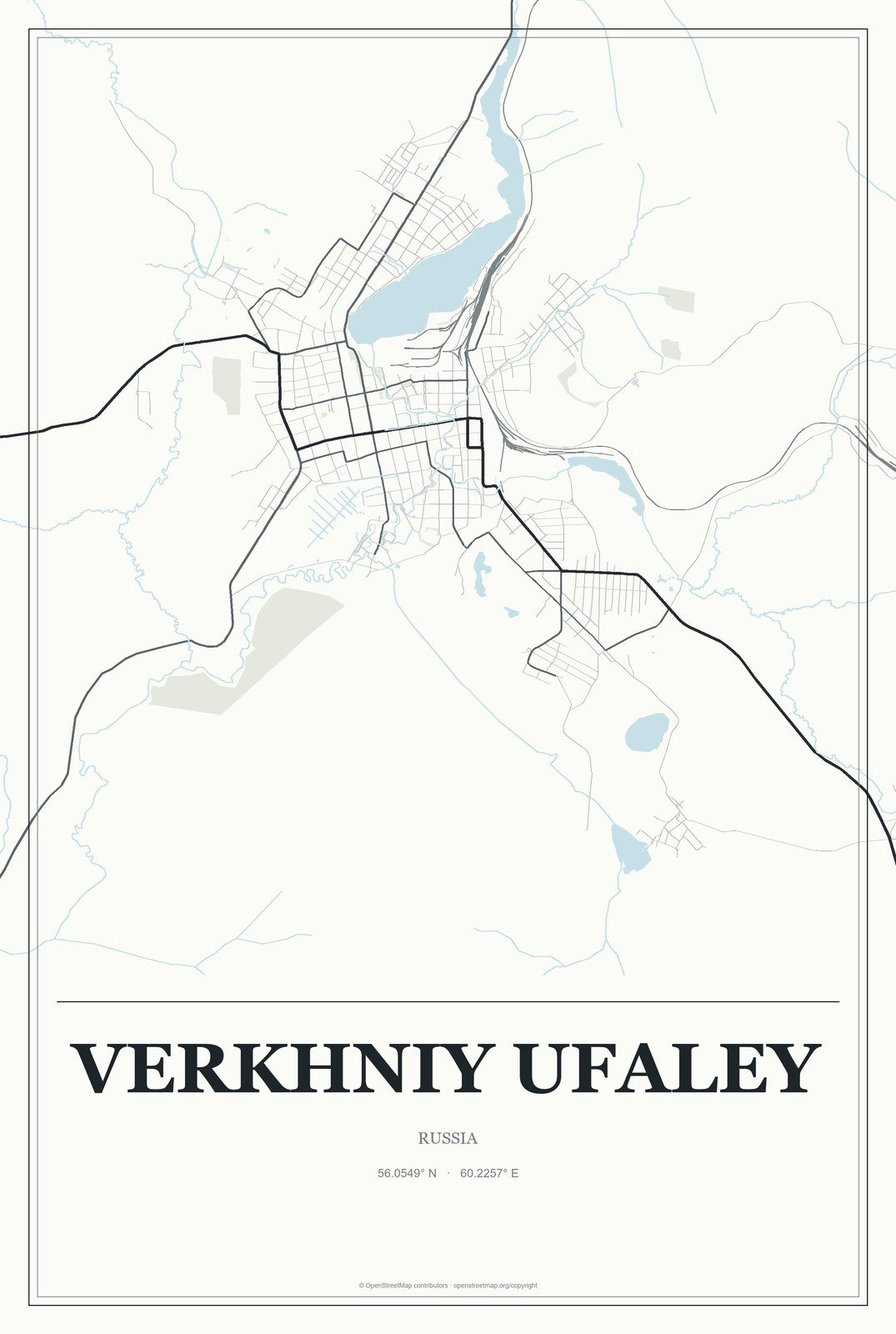Verkhniy Ufaley, Russia City Map Aluminum Sign in Gallery Air style