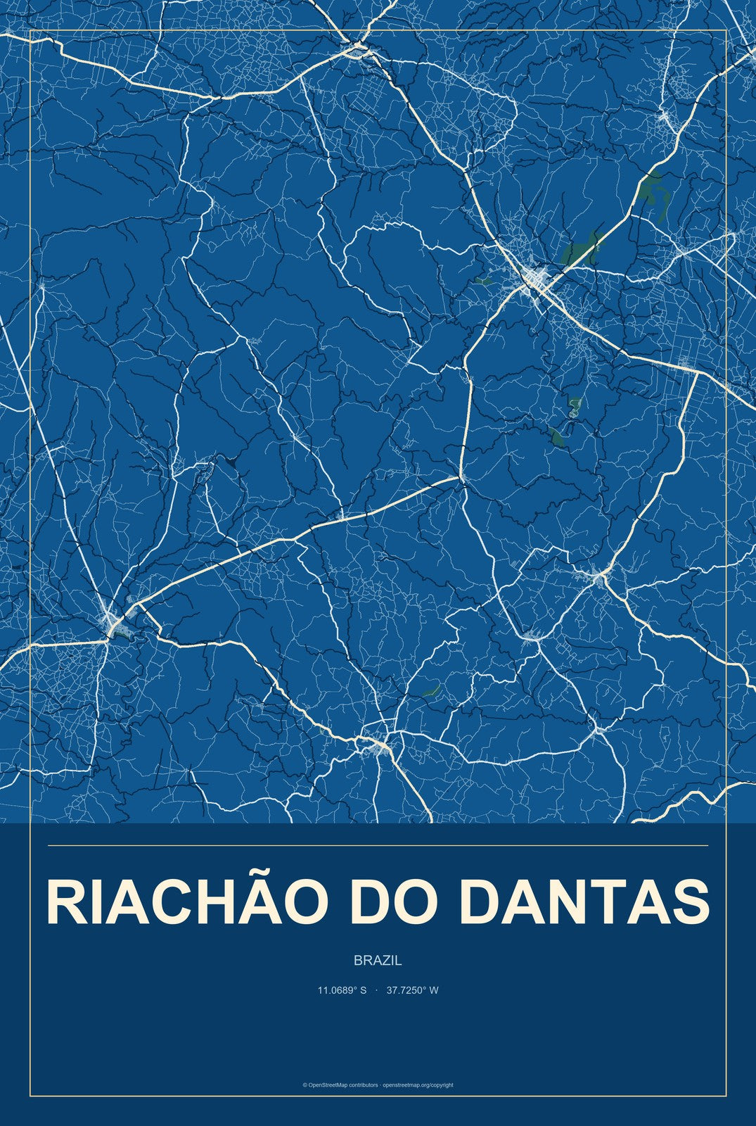 Riachão do Dantas, Brazil City Map Aluminum Sign in Harbor Cobalt style