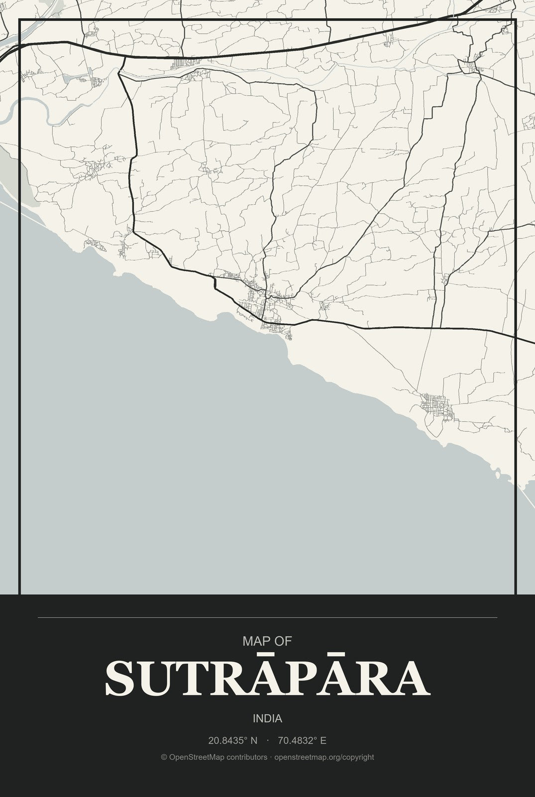 Sutrāpāra, India City Map Aluminum Sign in Museum Plaque style