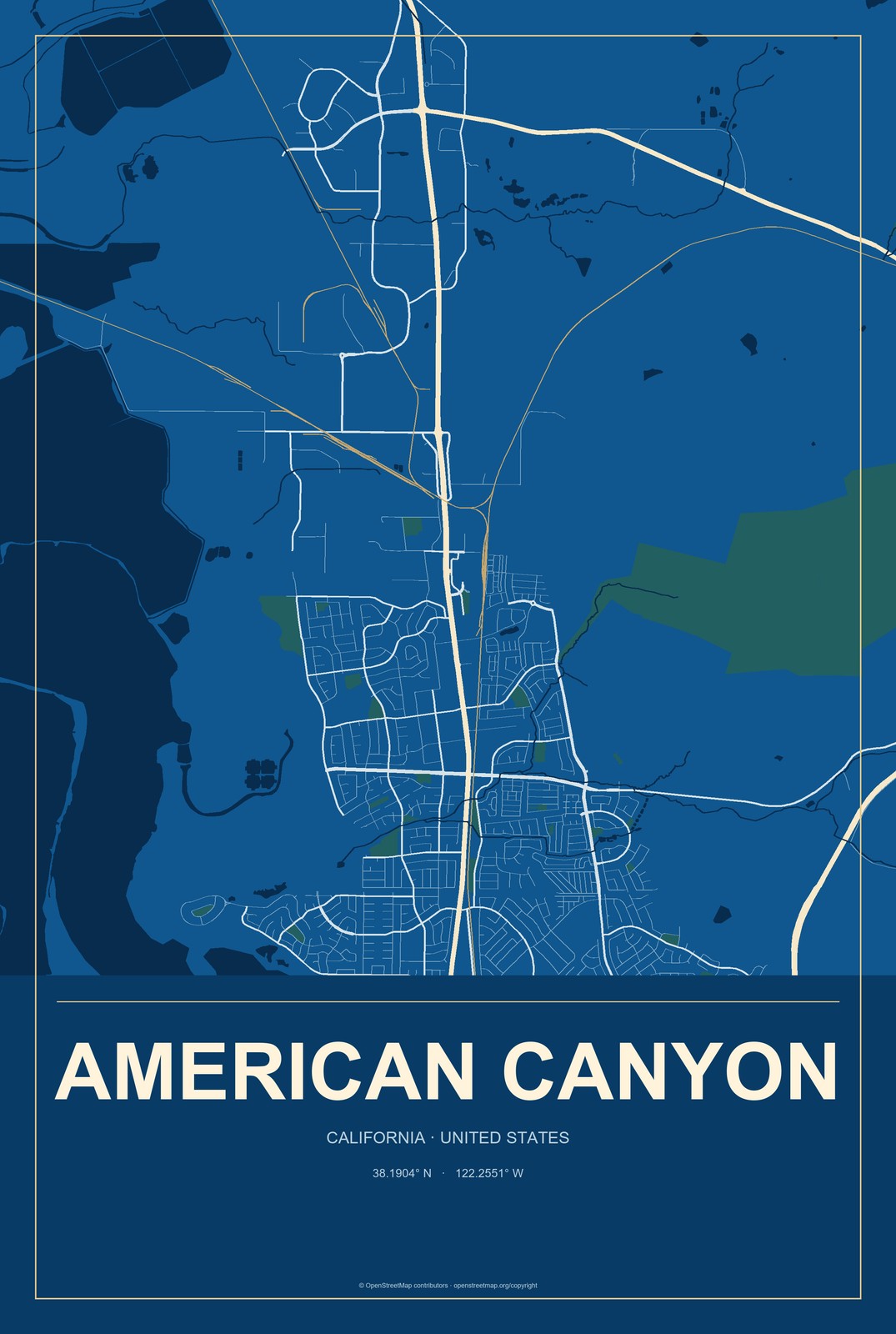 American Canyon, California City Map Aluminum Sign in Harbor Cobalt style