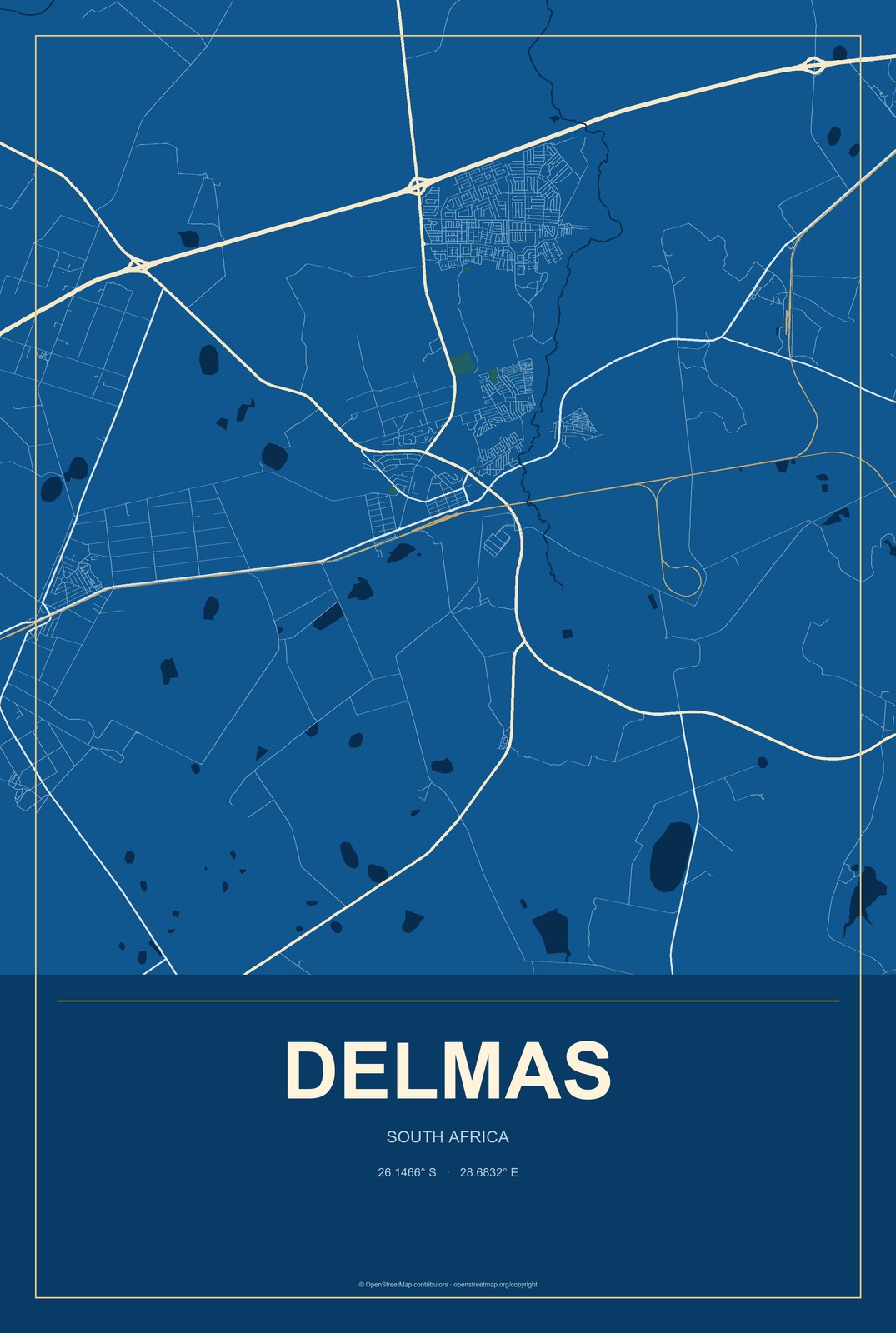 Delmas, South Africa City Map Aluminum Sign in Harbor Cobalt style