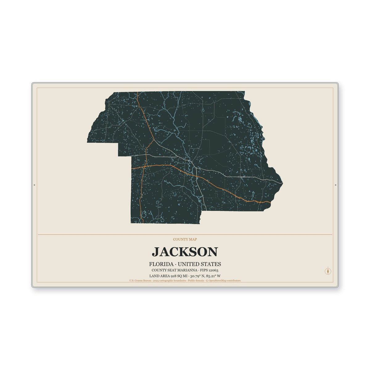 Jackson County, Florida Map Aluminum Sign in Headline Atlas style