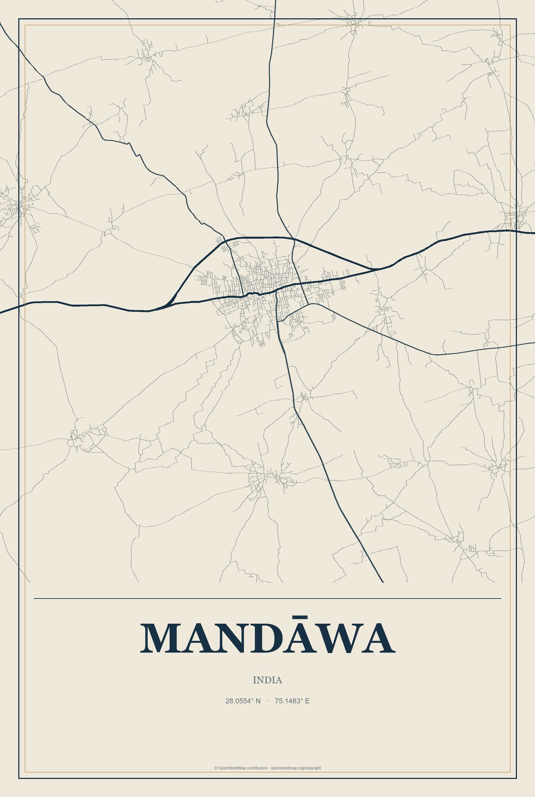 Mandāwa, India City Map Aluminum Sign in Coastal Cutout style