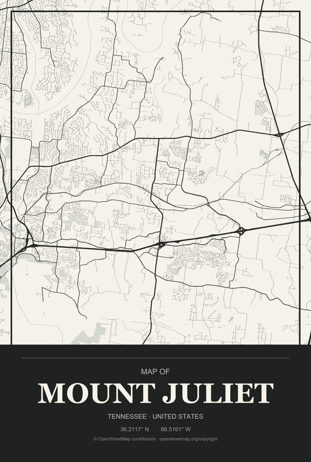 Mount Juliet, Tennessee City Map Aluminum Sign in Museum Plaque style