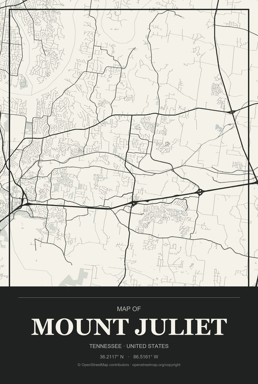Mount Juliet, Tennessee City Map Aluminum Sign in Museum Plaque style