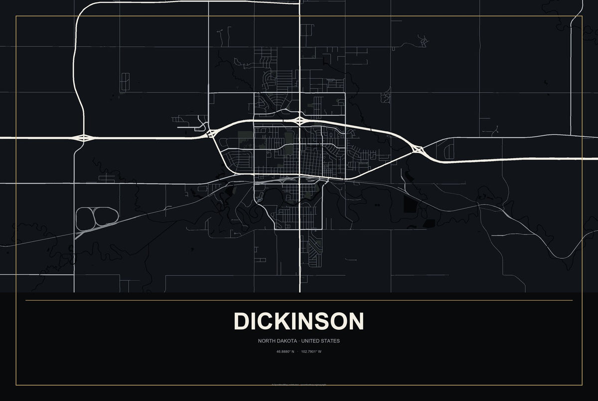 Dickinson, North Dakota City Map Aluminum Sign in Metropolitan Noir style