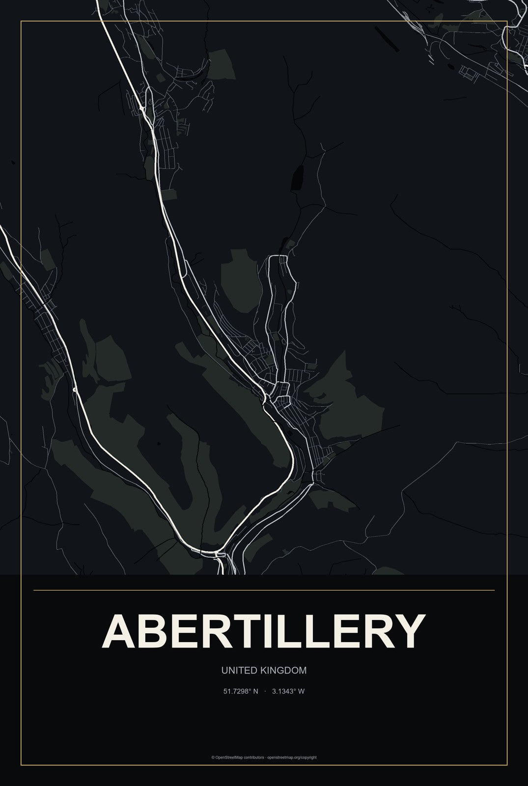 Abertillery, United Kingdom City Map Aluminum Sign in Metropolitan Noir style