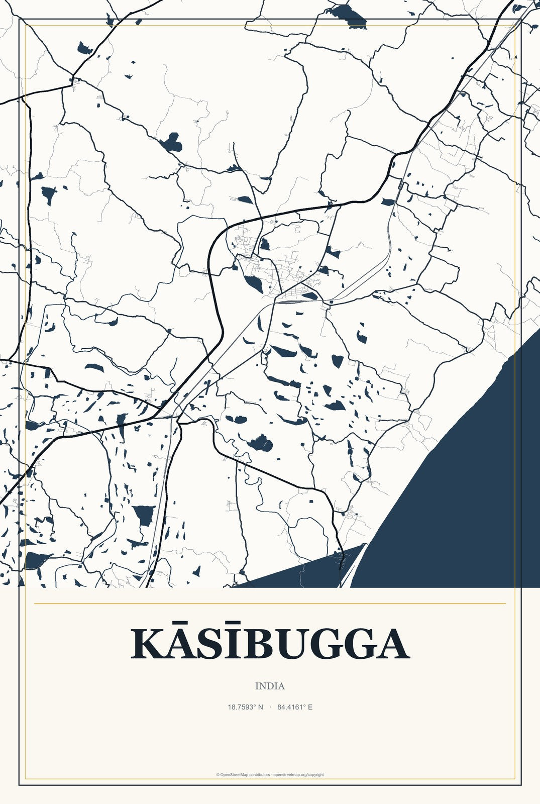 Kāsībugga, India City Map Aluminum Sign in Citrine Modern style