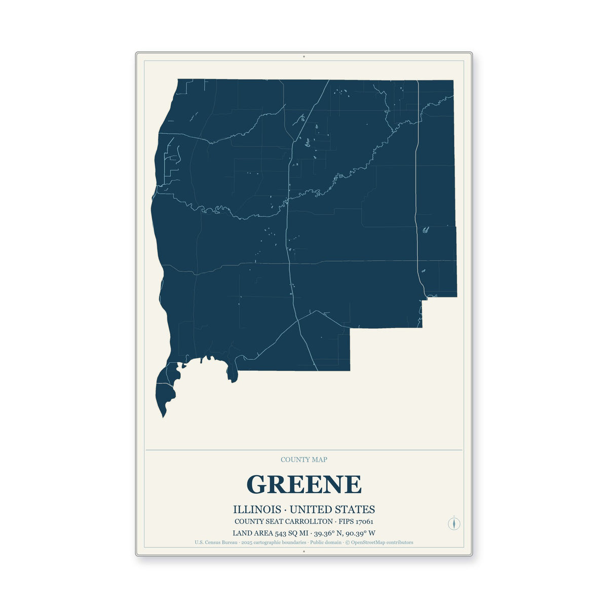 Greene County, Illinois Map Aluminum Sign in Coastal Cutout style