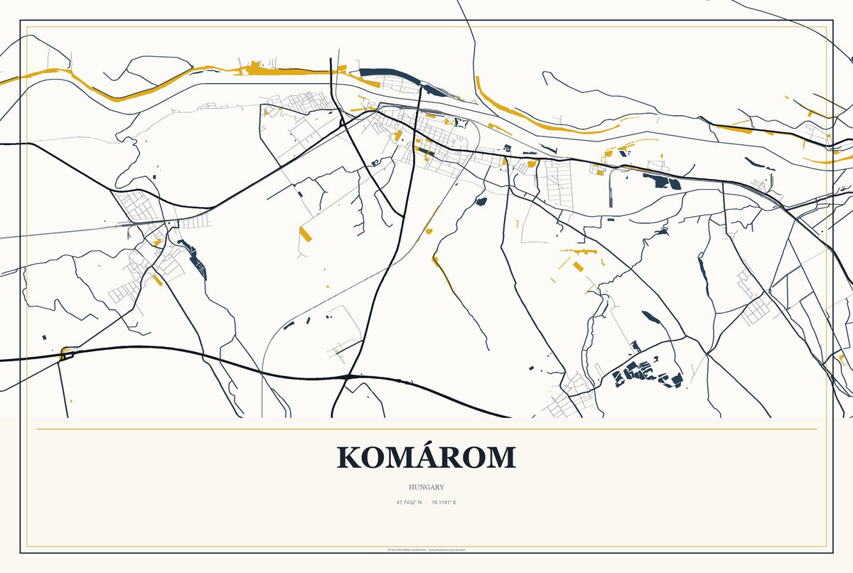 Komárom, Hungary City Map Aluminum Sign in Citrine Modern style