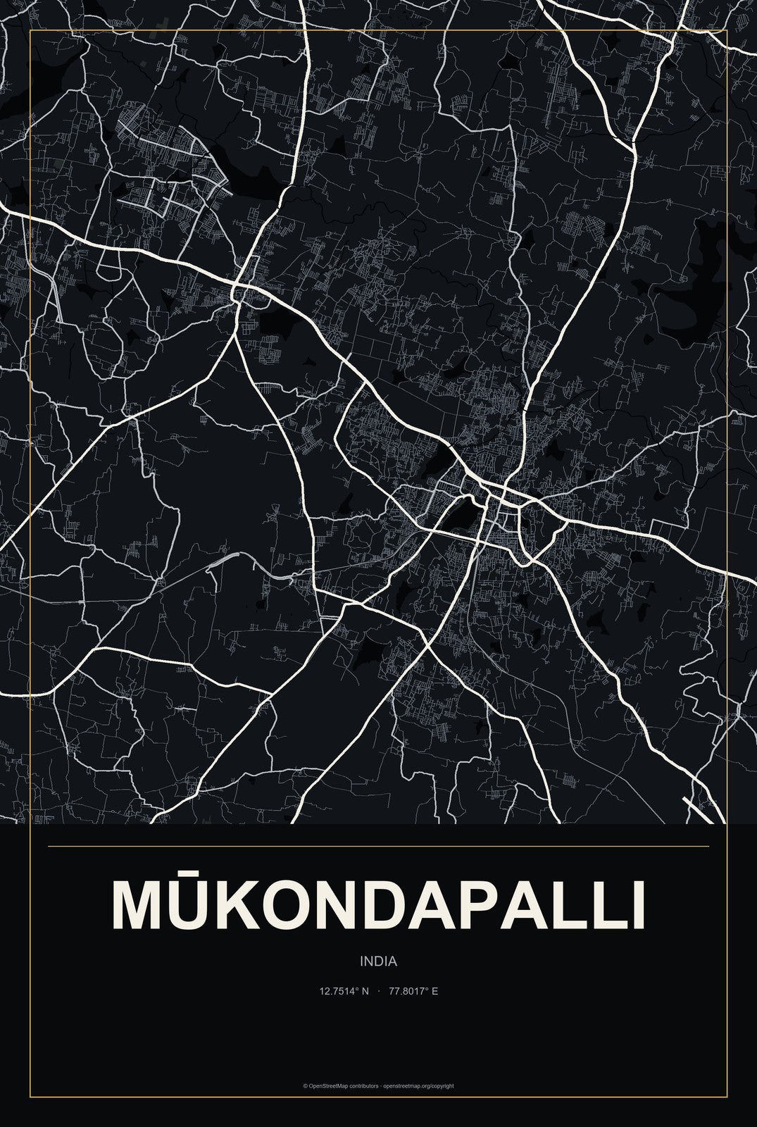 Mūkondapalli, India City Map Aluminum Sign in Metropolitan Noir style
