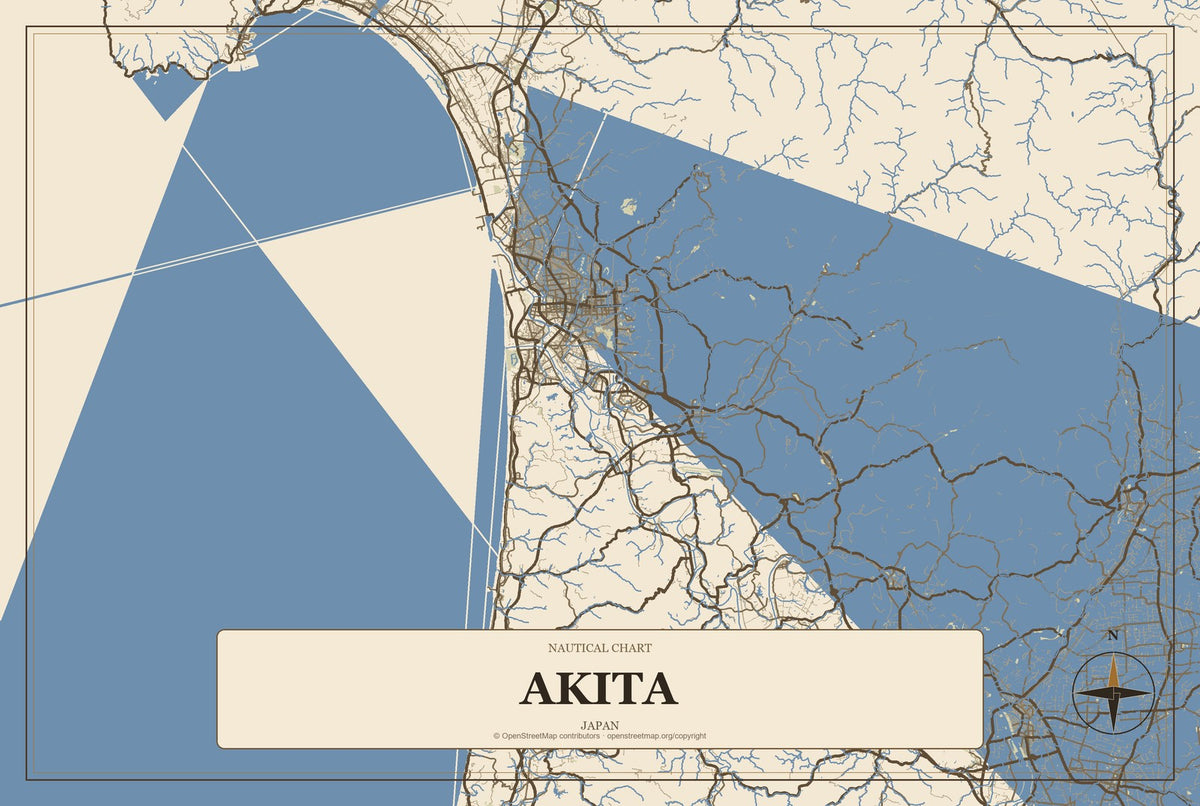 Akita, Japan City Map Aluminum Sign in Heritage Nautical style