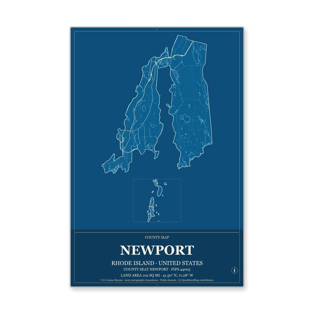 Newport County, Rhode Island Map Aluminum Sign in Harbor Cobalt style