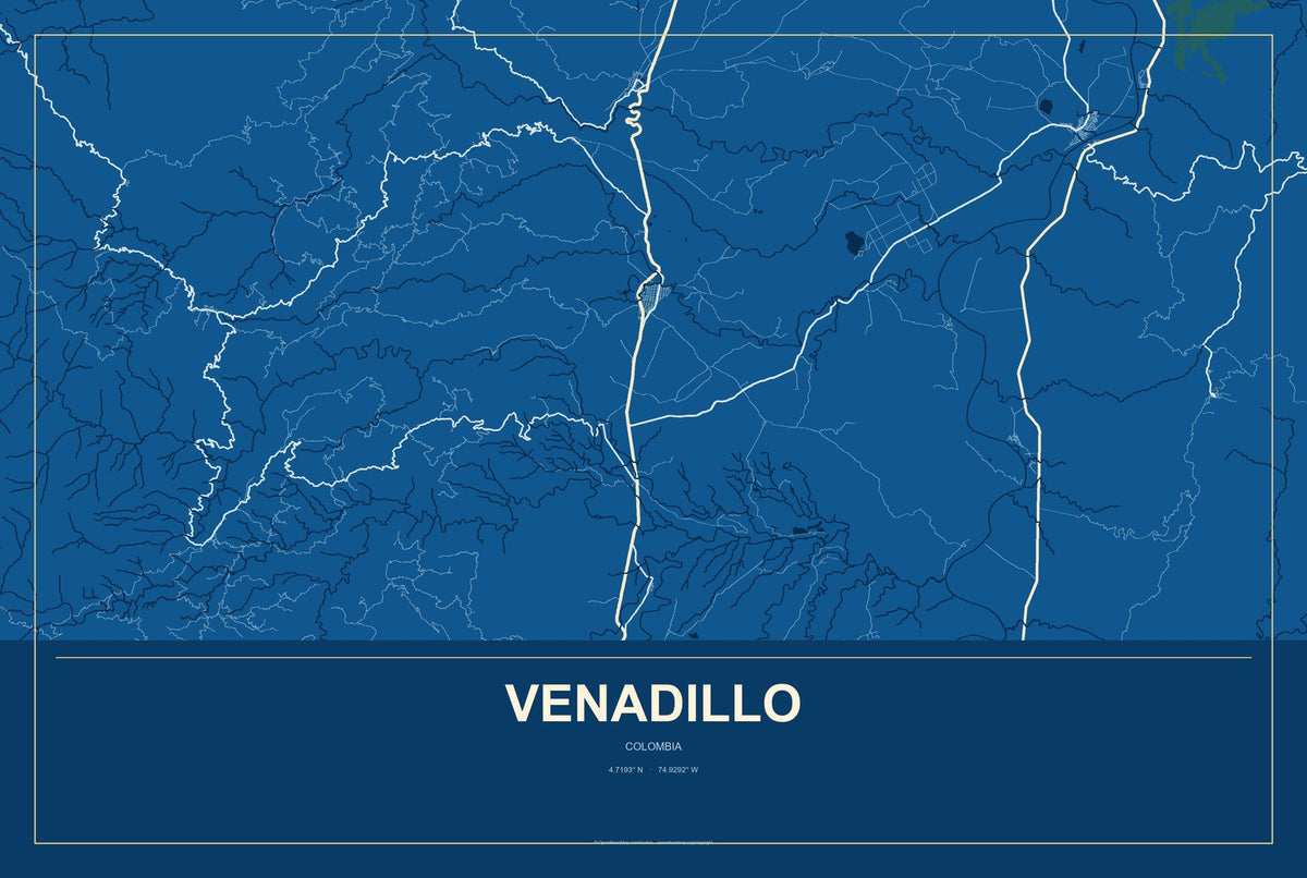 Venadillo, Colombia City Map Aluminum Sign in Harbor Cobalt style