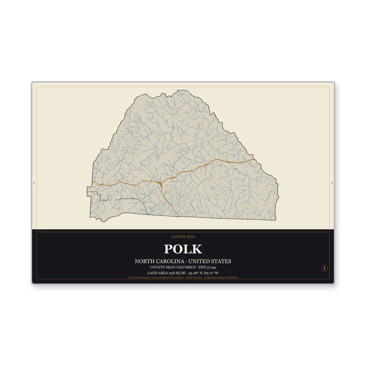 Polk County, North Carolina Map Aluminum Sign in Museum Plaque style