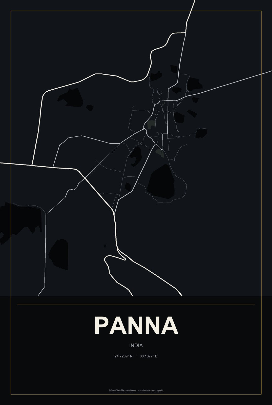 Panna, India City Map Aluminum Sign in Metropolitan Noir style