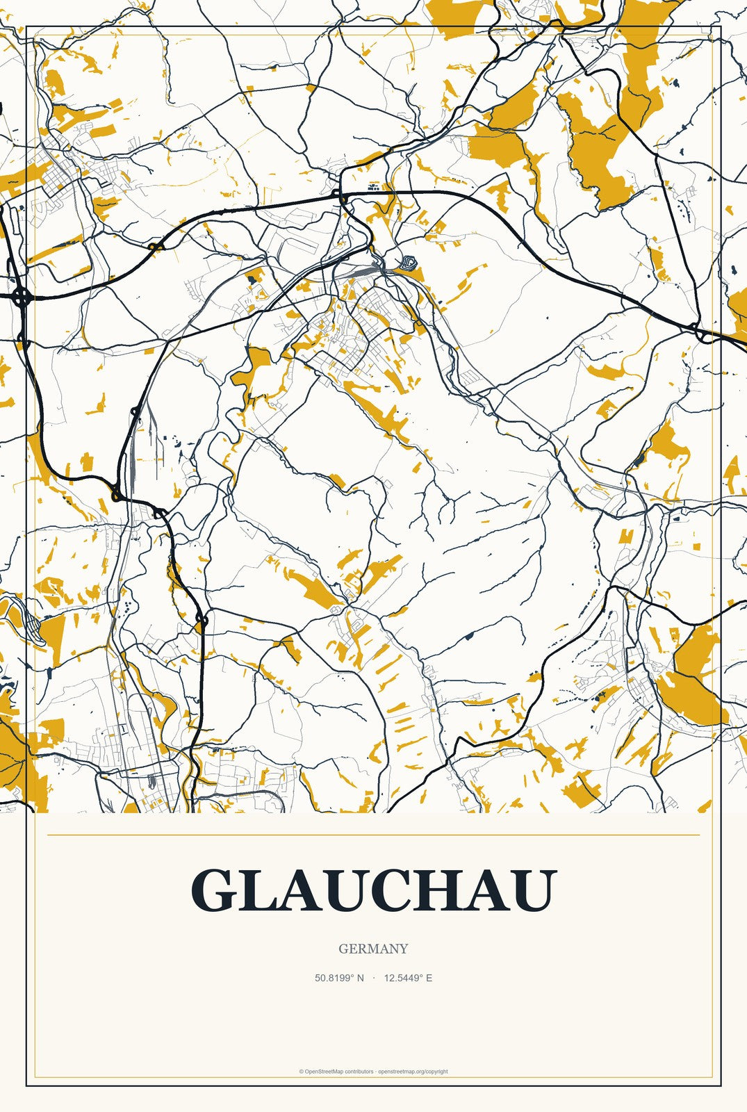 Glauchau, Germany City Map Aluminum Sign in Citrine Modern style