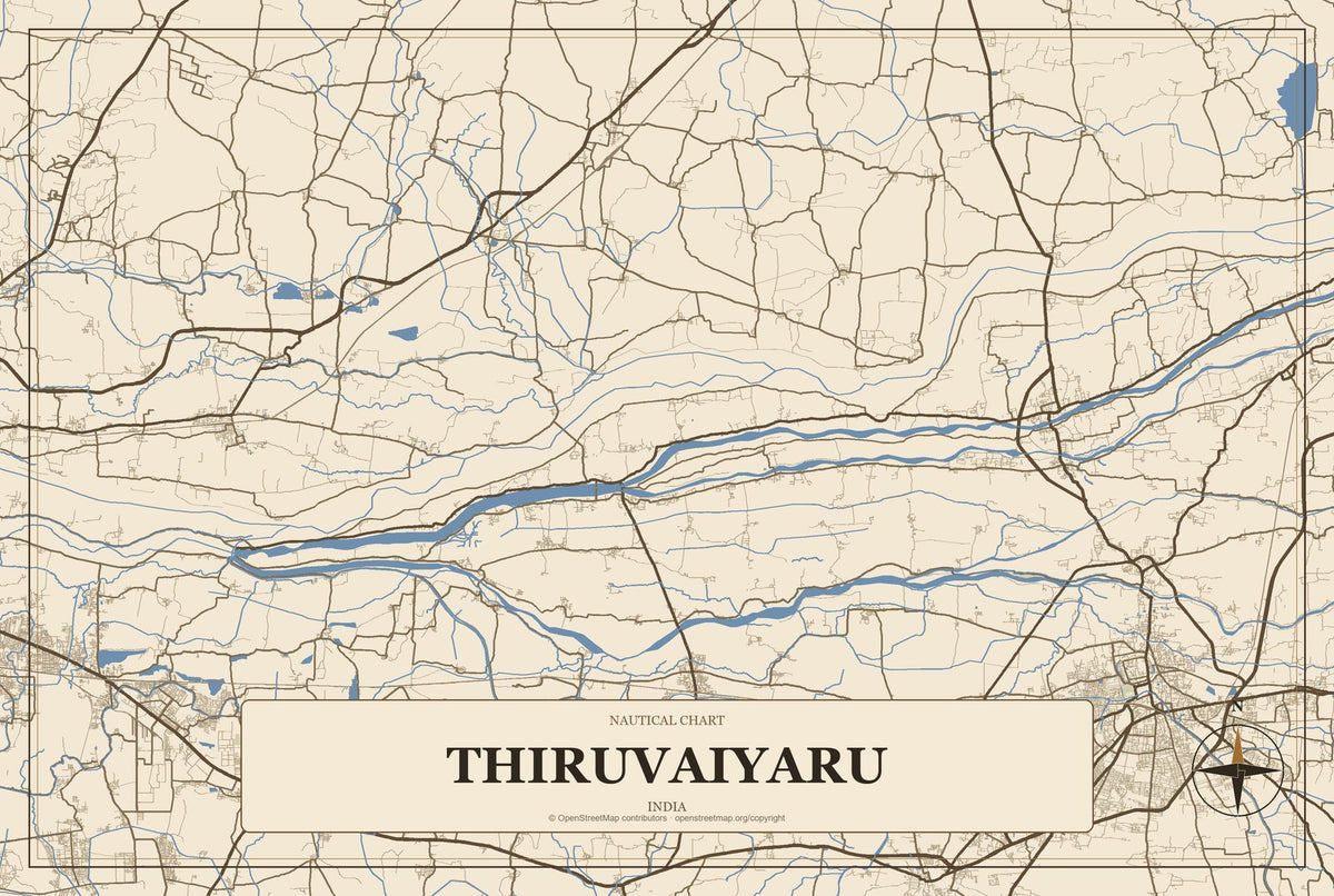 Thiruvaiyaru, India City Map Aluminum Sign in Heritage Nautical style
