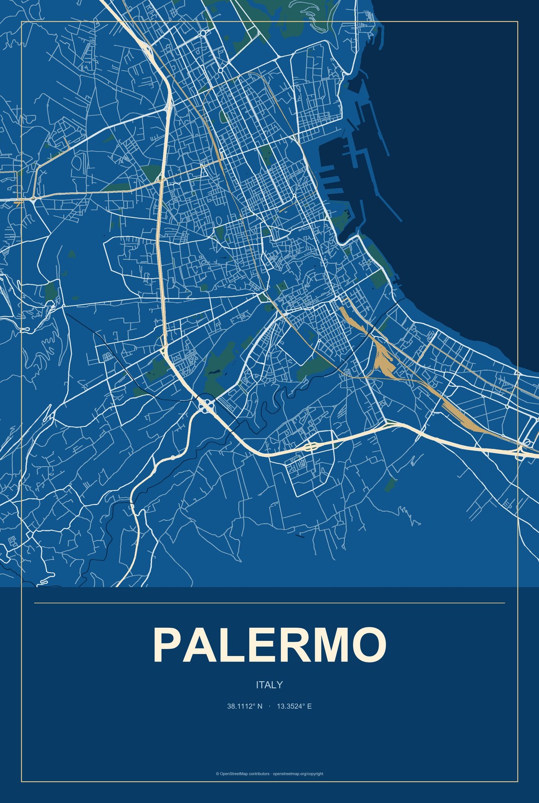 Palermo, Italy City Map Aluminum Sign in Harbor Cobalt style