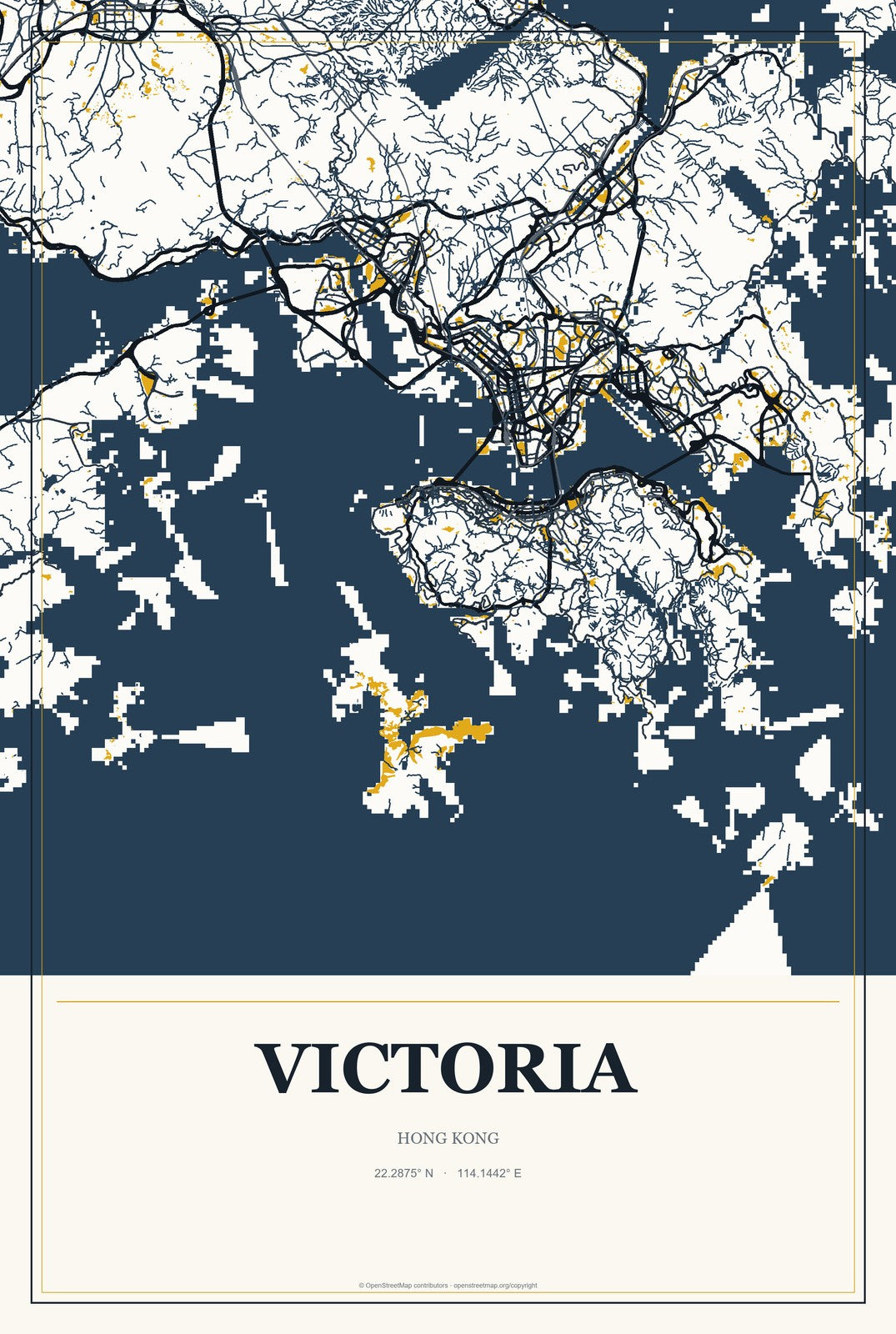 Victoria, Hong Kong City Map Aluminum Sign in Citrine Modern style