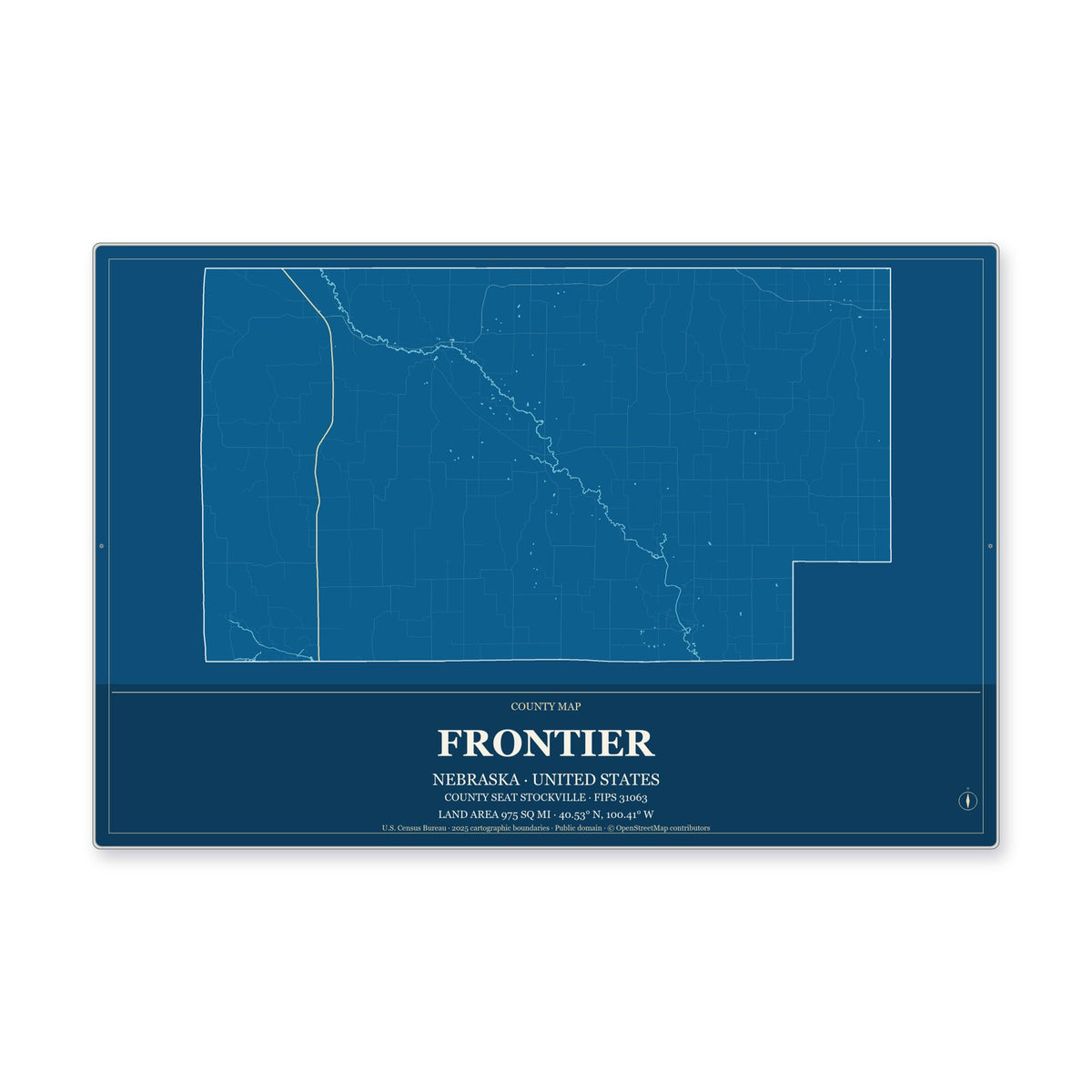 Frontier County, Nebraska Map Aluminum Sign in Harbor Cobalt style