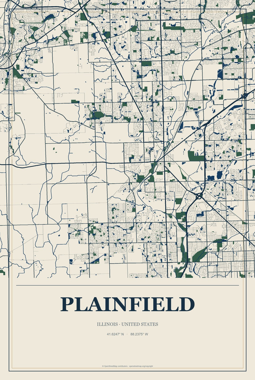 Plainfield, Illinois City Map Aluminum Sign in Coastal Cutout style