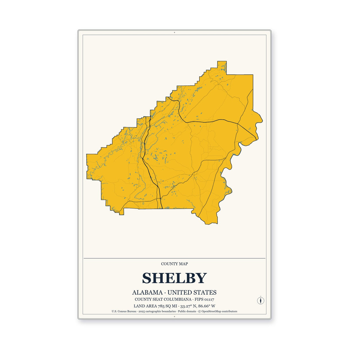 Shelby County, Alabama Map Aluminum Sign in Citrine Modern style