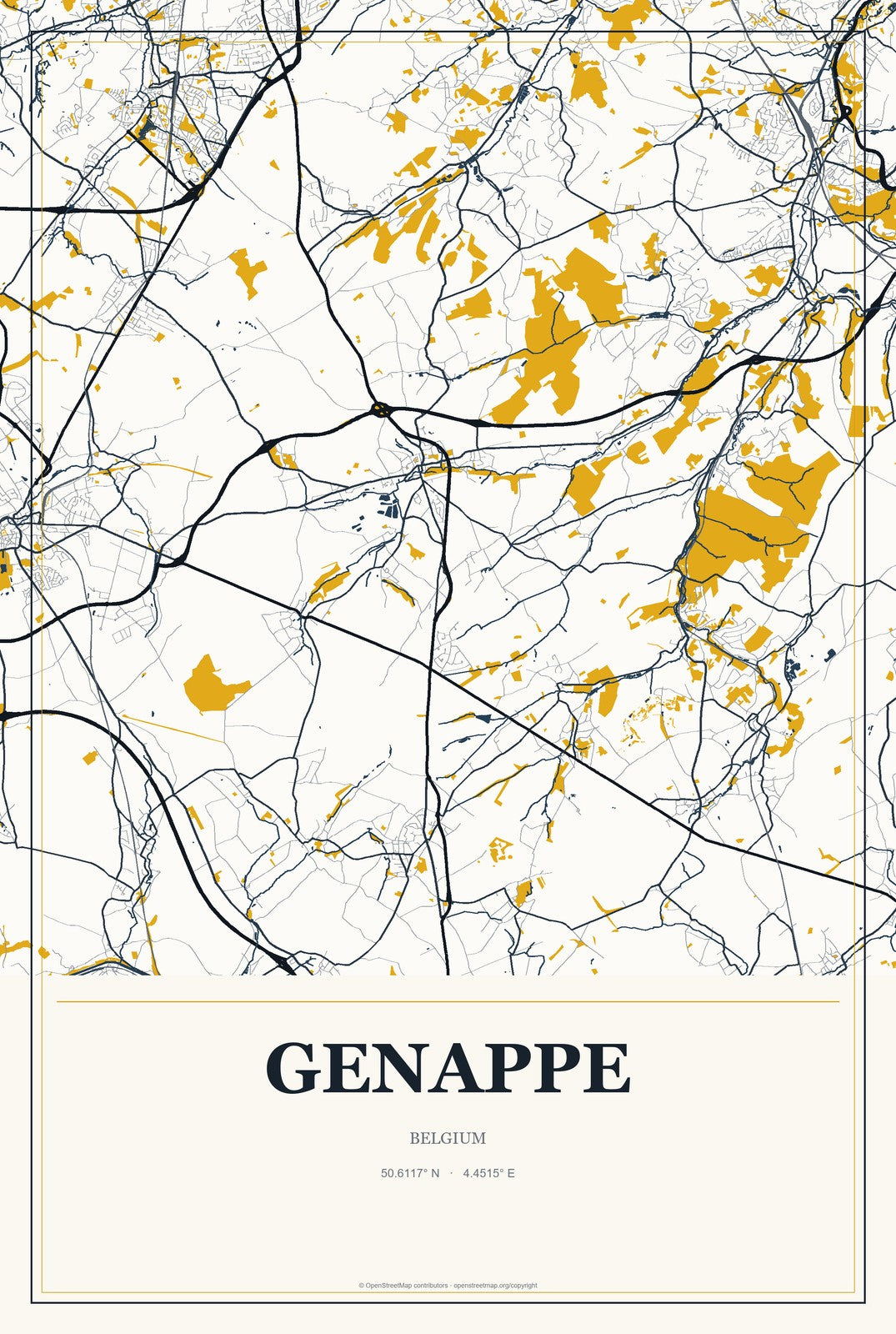 Genappe, Belgium City Map Aluminum Sign in Citrine Modern style