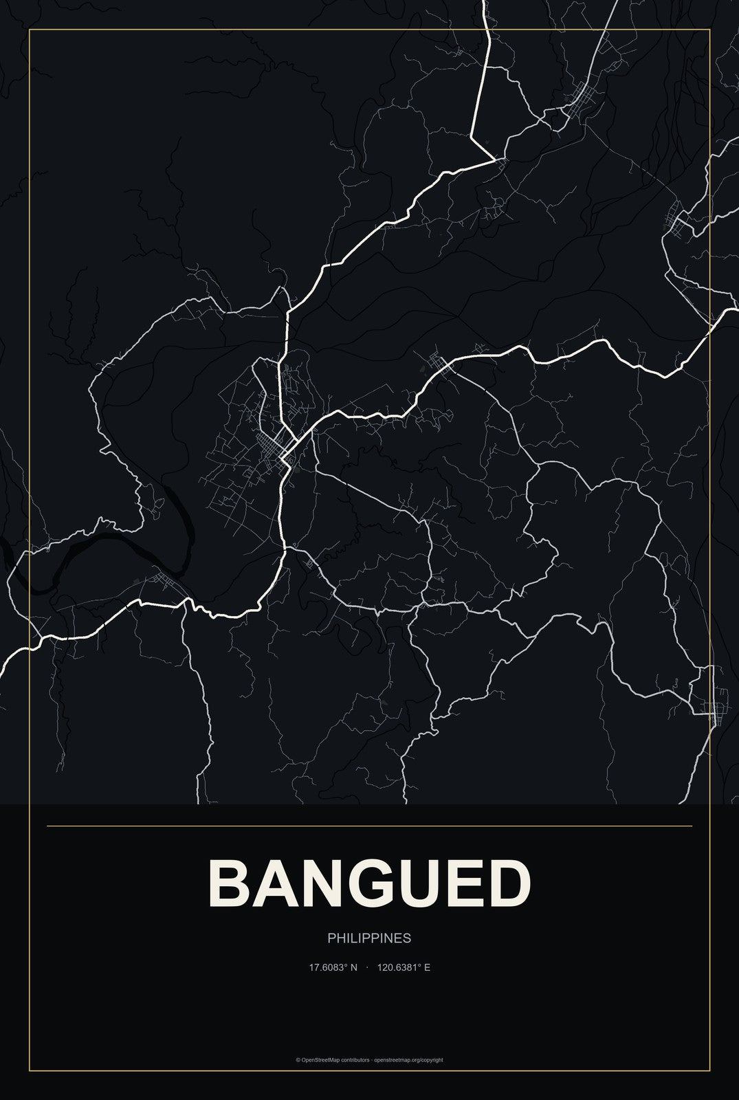 Bangued, Philippines City Map Aluminum Sign in Metropolitan Noir style