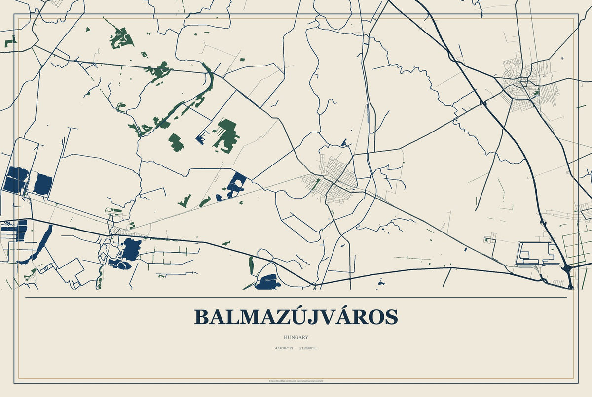 Balmazújváros, Hungary City Map Aluminum Sign in Coastal Cutout style