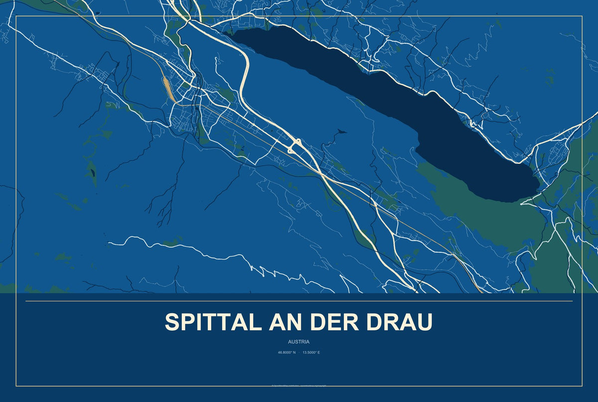 Spittal an der Drau, Austria City Map Aluminum Sign in Harbor Cobalt style