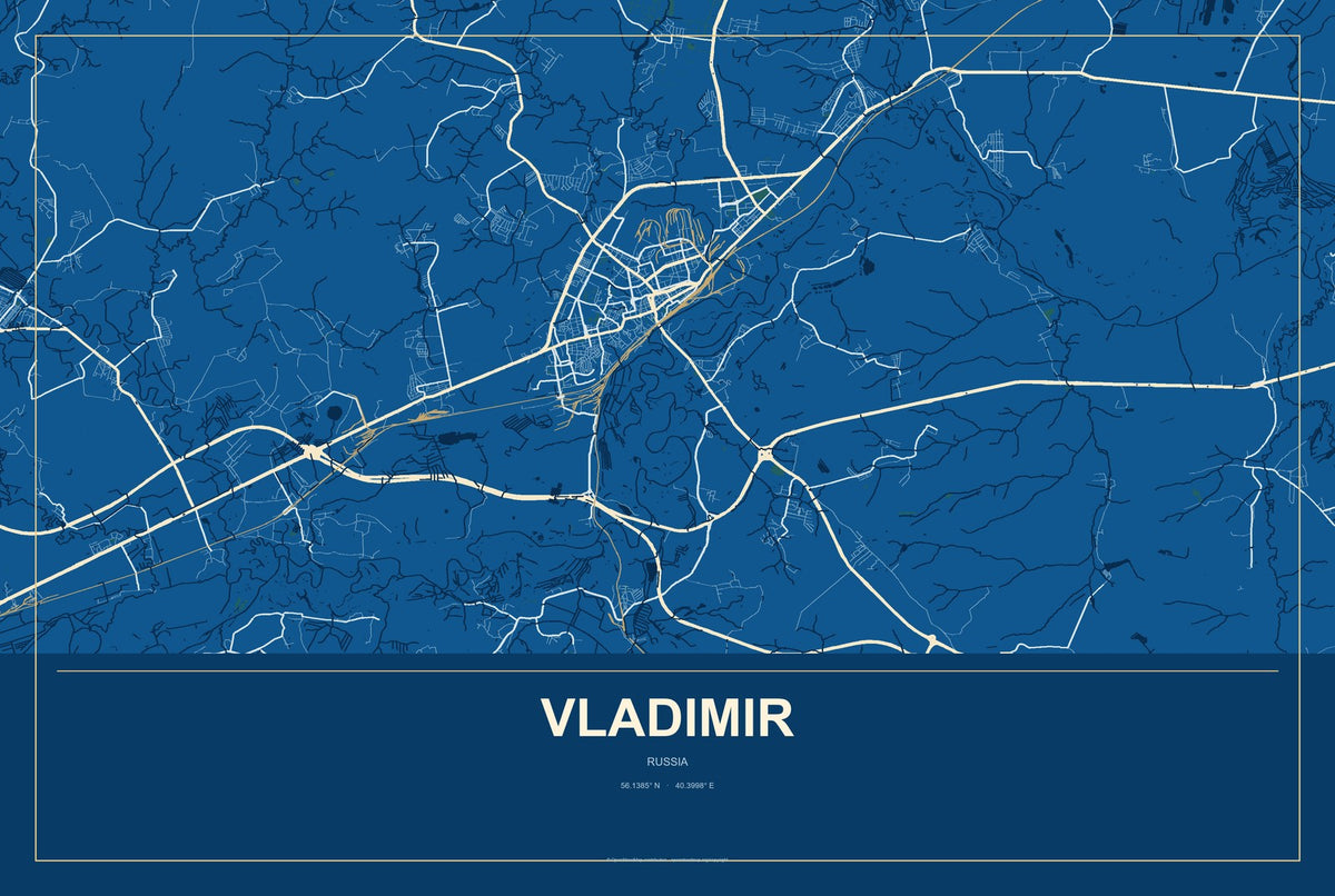 Vladimir, Russia City Map Aluminum Sign in Harbor Cobalt style