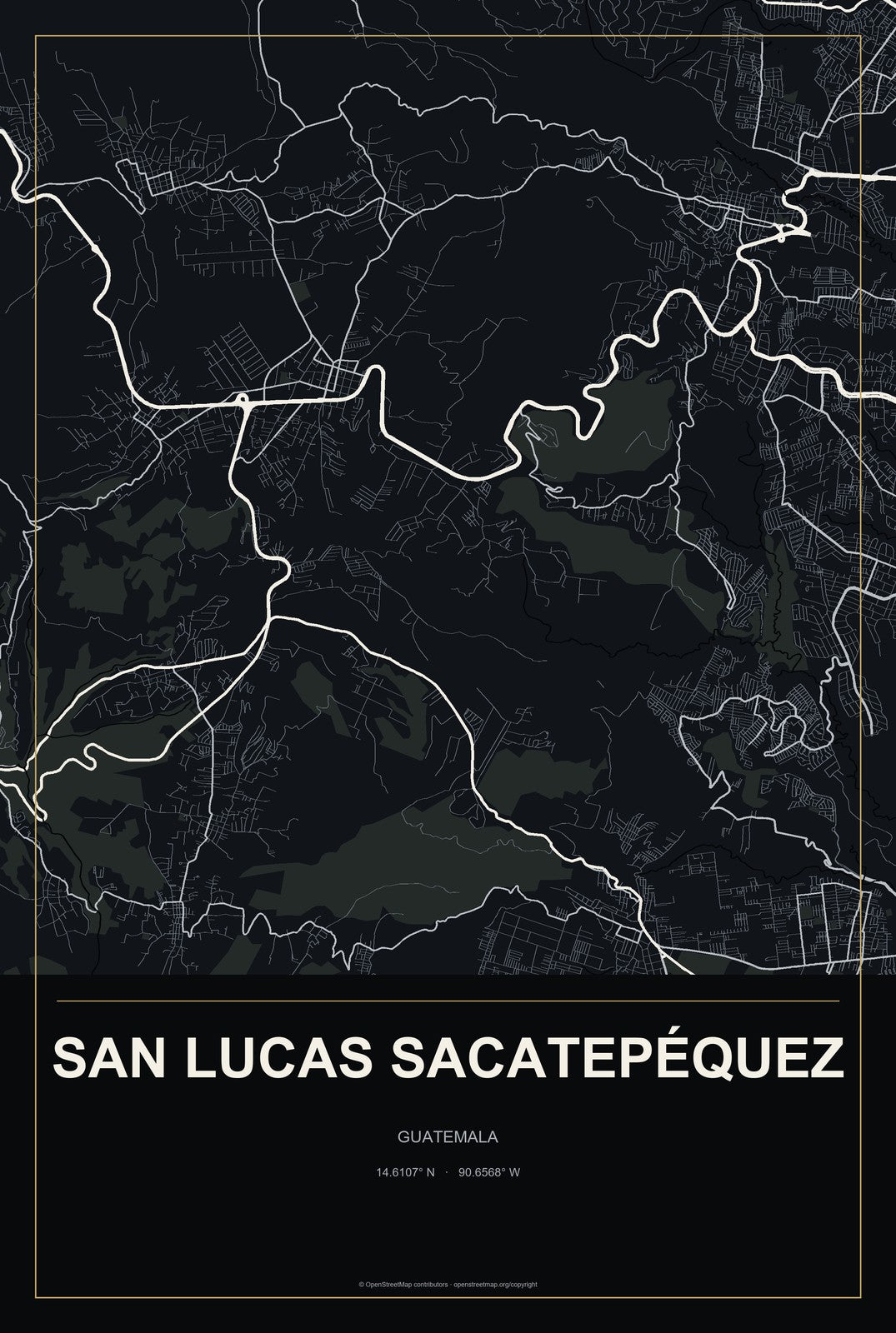 San Lucas Sacatepéquez, Guatemala City Map Aluminum Sign in Metropolitan Noir style