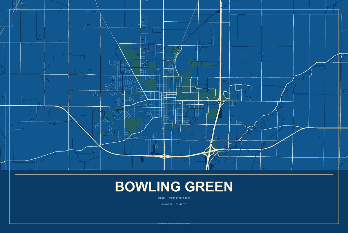 Bowling Green, Ohio City Map Aluminum Sign in Harbor Cobalt style