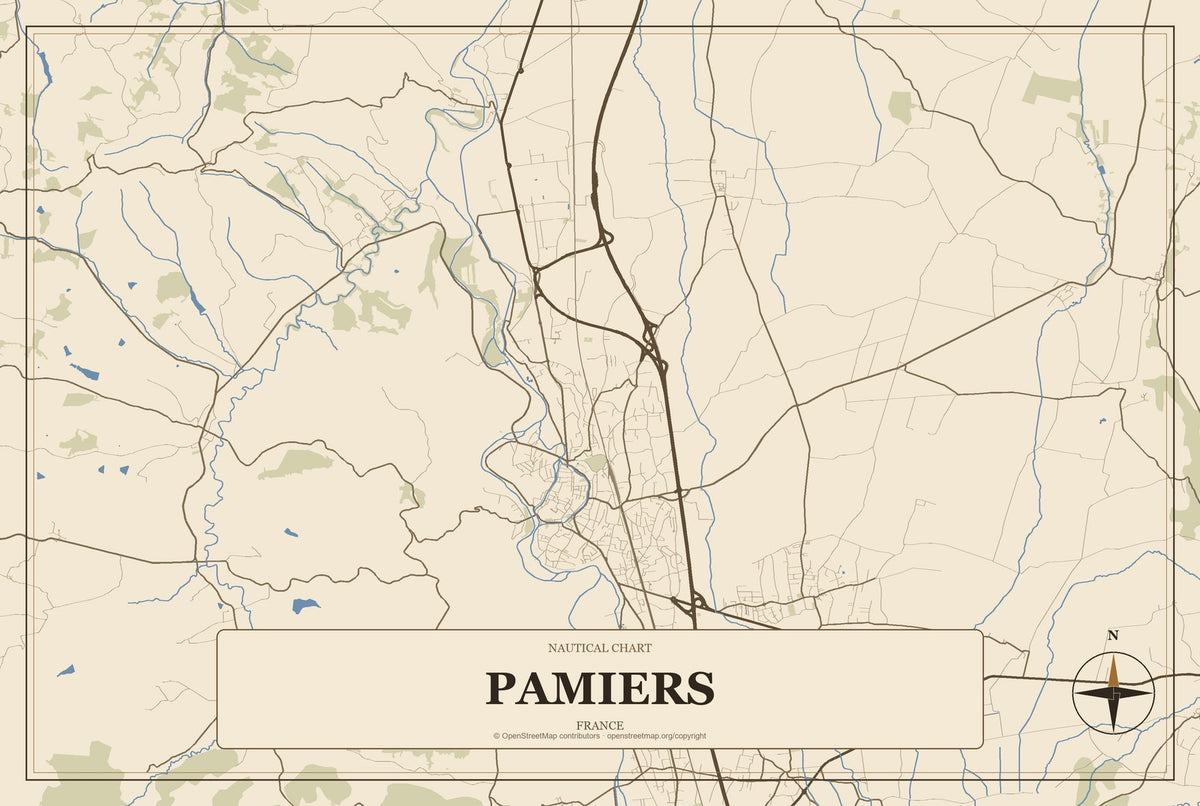 Pamiers, France City Map Aluminum Sign in Heritage Nautical style