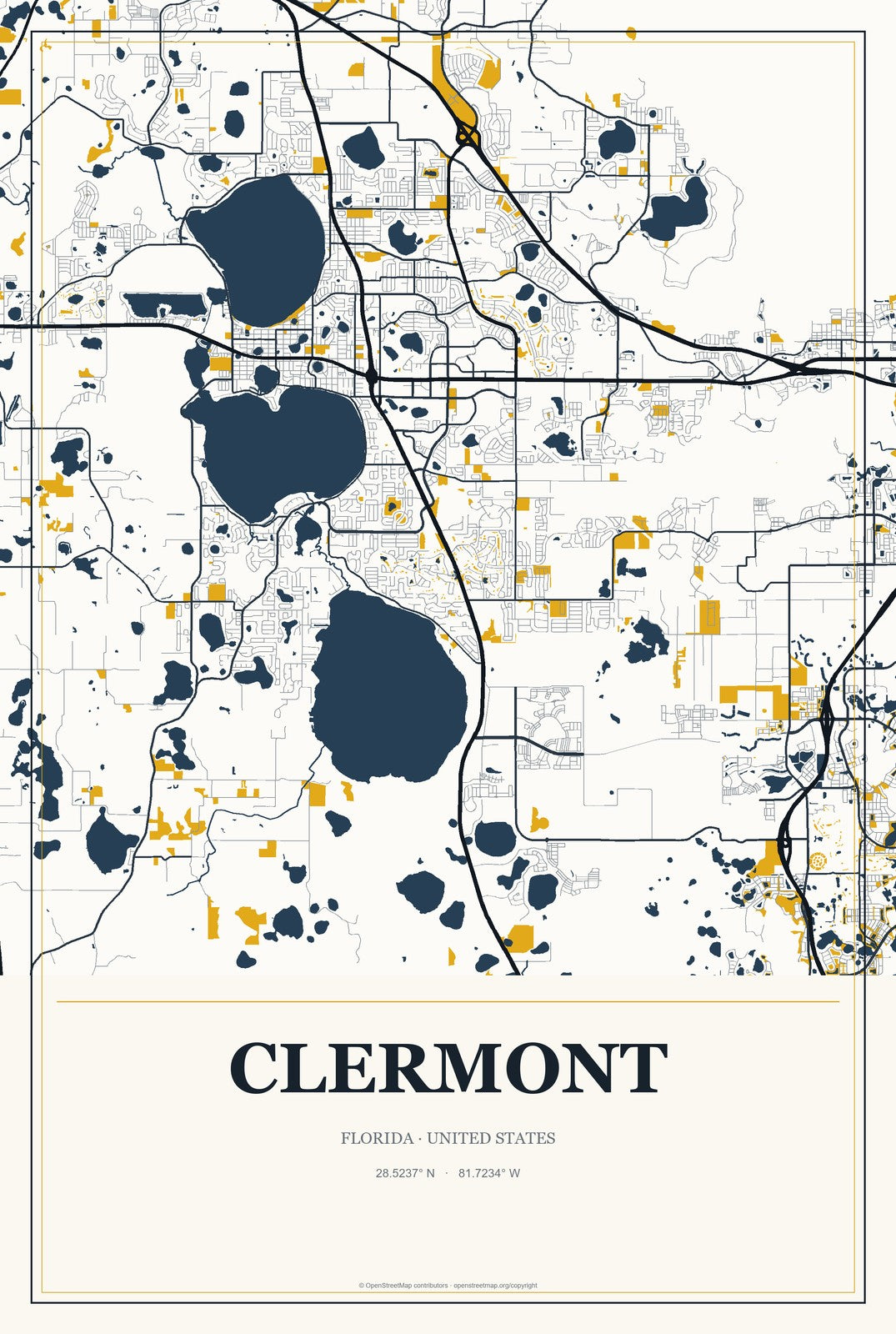 Clermont, Florida City Map Aluminum Sign in Citrine Modern style