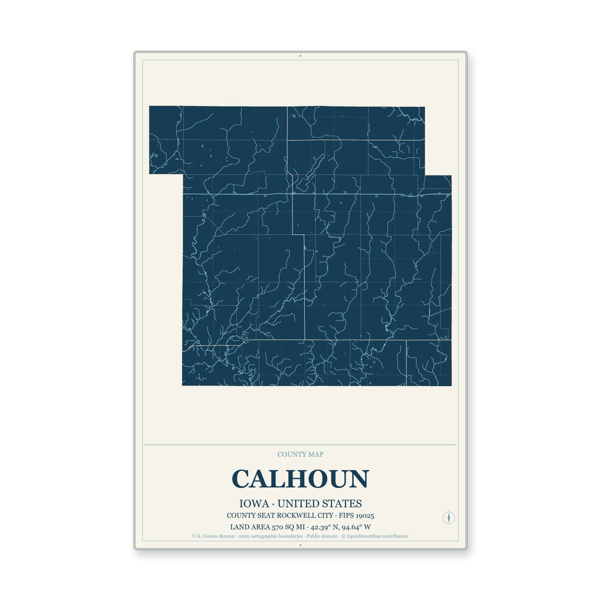 Calhoun County, Iowa Map Aluminum Sign in Coastal Cutout style