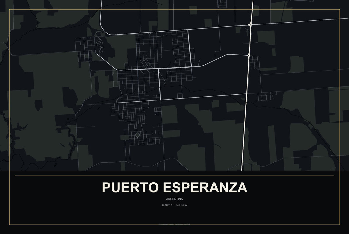 Puerto Esperanza, Argentina City Map Aluminum Sign in Metropolitan Noir style