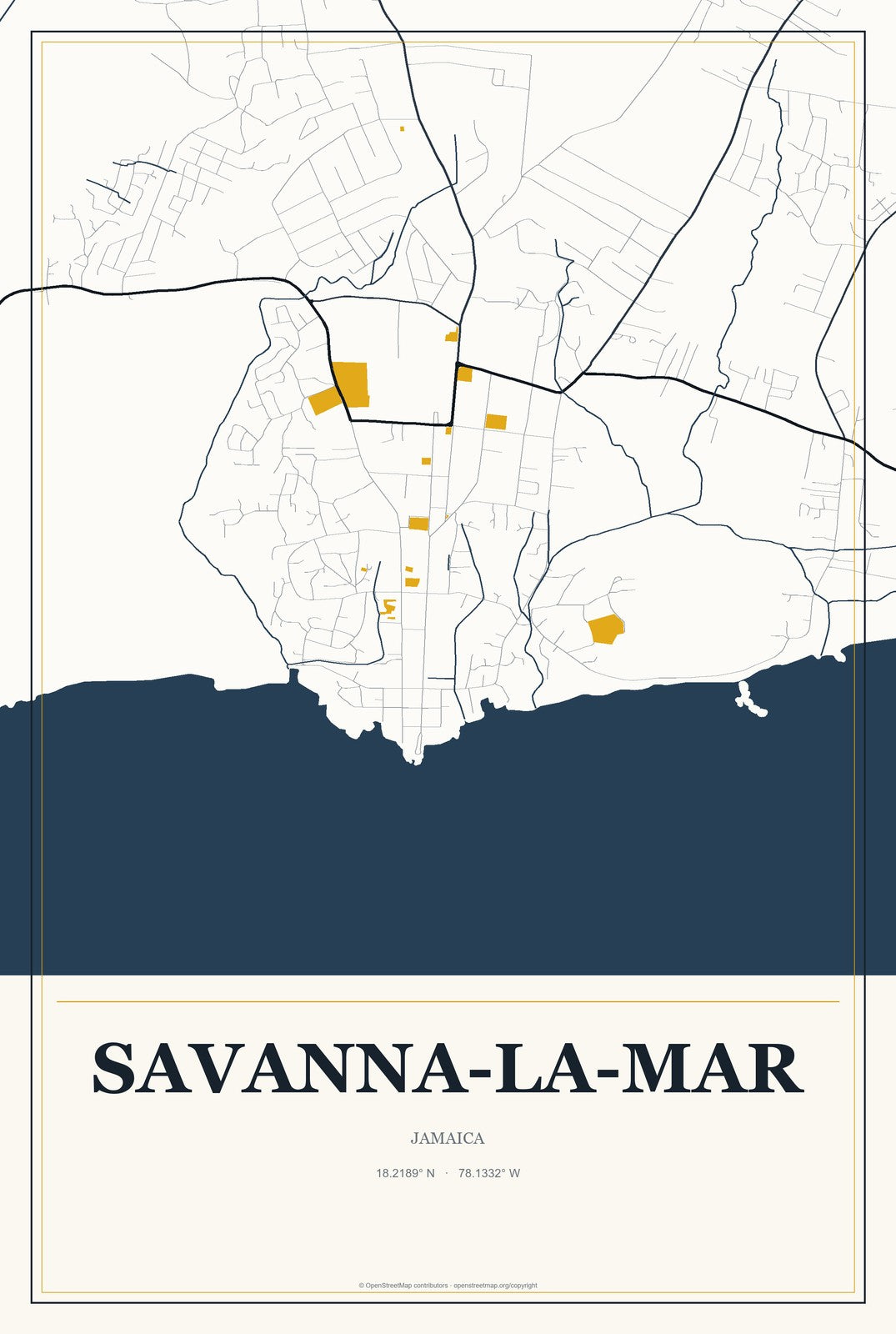 Savanna-la-Mar, Jamaica City Map Aluminum Sign in Citrine Modern style