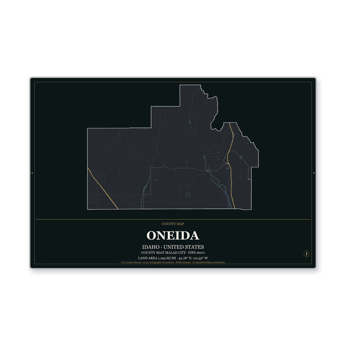 Oneida County, Idaho Map Aluminum Sign in Metropolitan Noir style