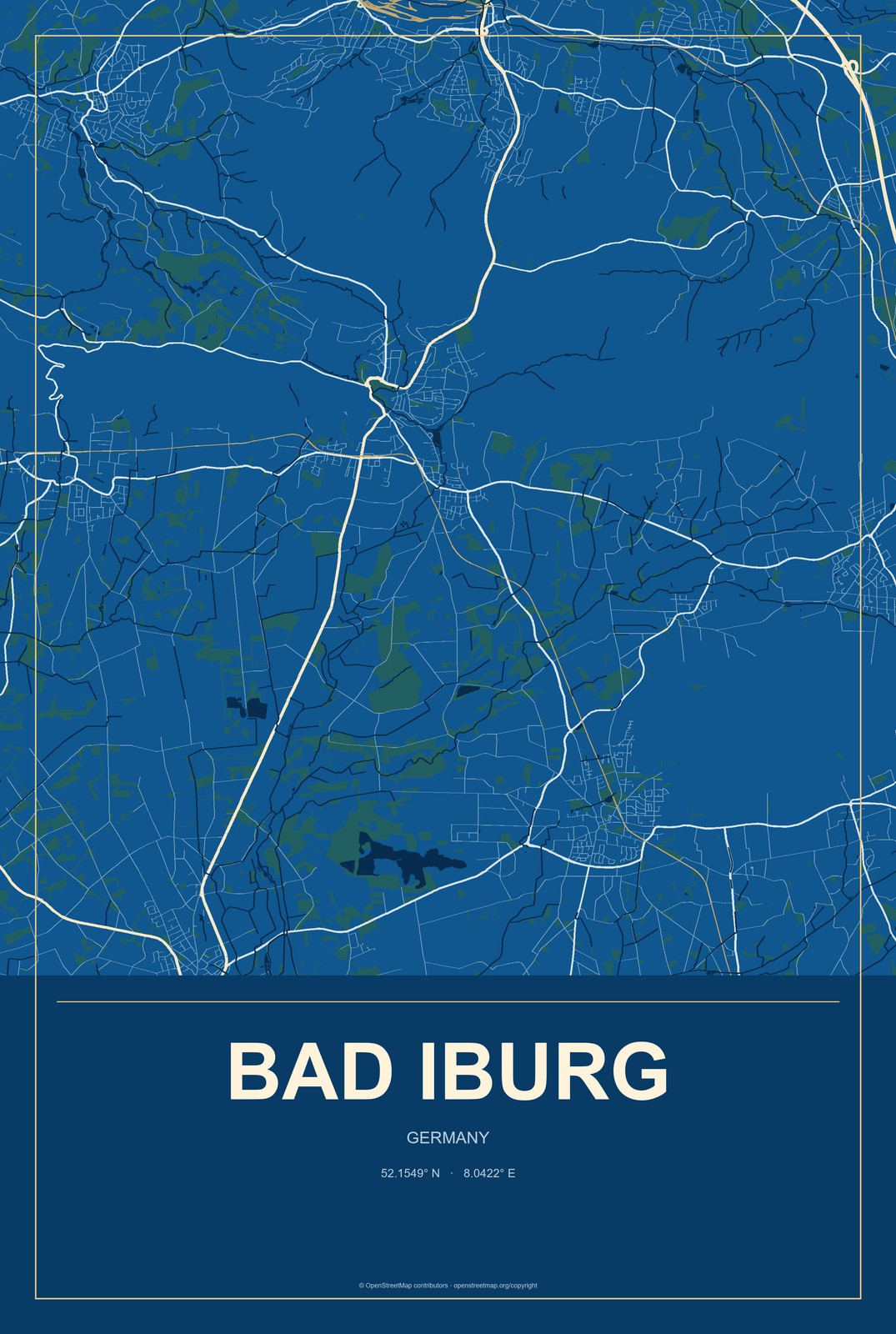 Bad Iburg, Germany City Map Aluminum Sign in Harbor Cobalt style