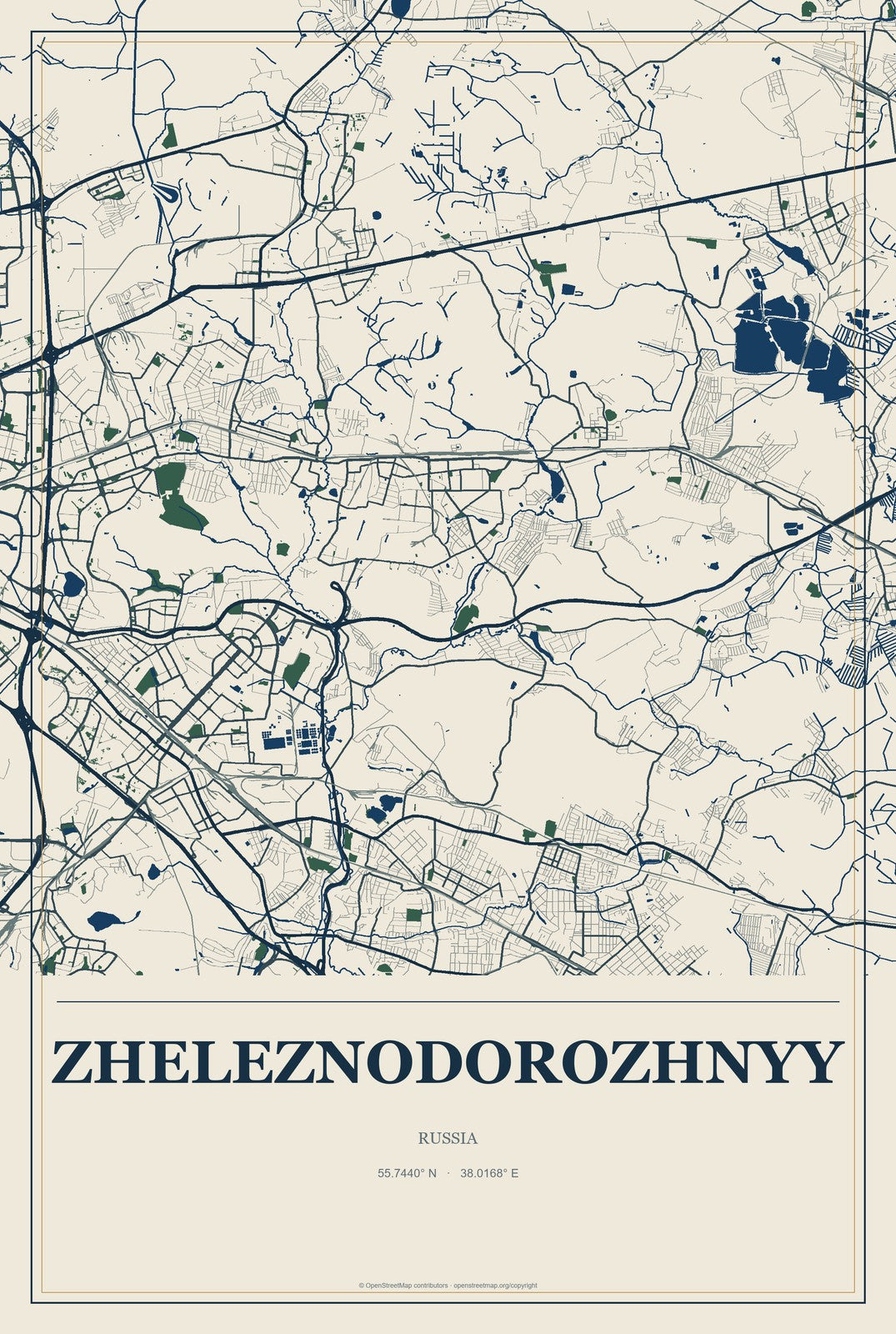 Zheleznodorozhnyy, Russia City Map Aluminum Sign in Coastal Cutout style